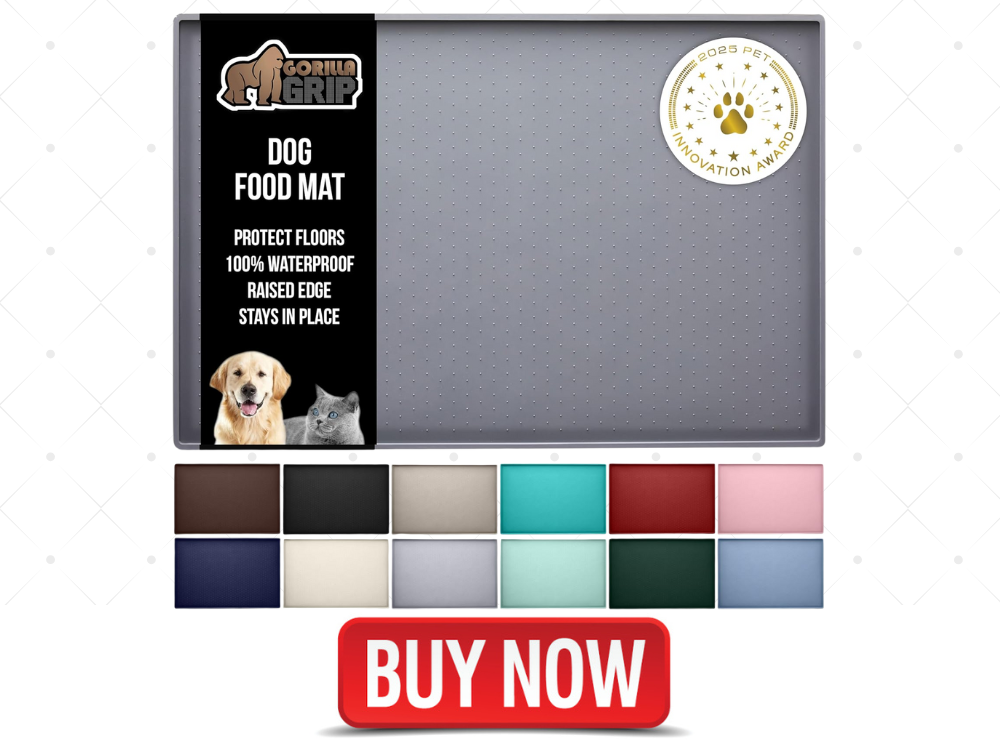 GORILLA GRIP 100% Waterproof Raised Edge BPA Free Silicone Pet Feeding Mat, Dog Cat Food Mats Contain Spills Protects Floors, Placemats for Cats and Dogs Water Bowl, Pets Accessories 18.5x11.5 Gray